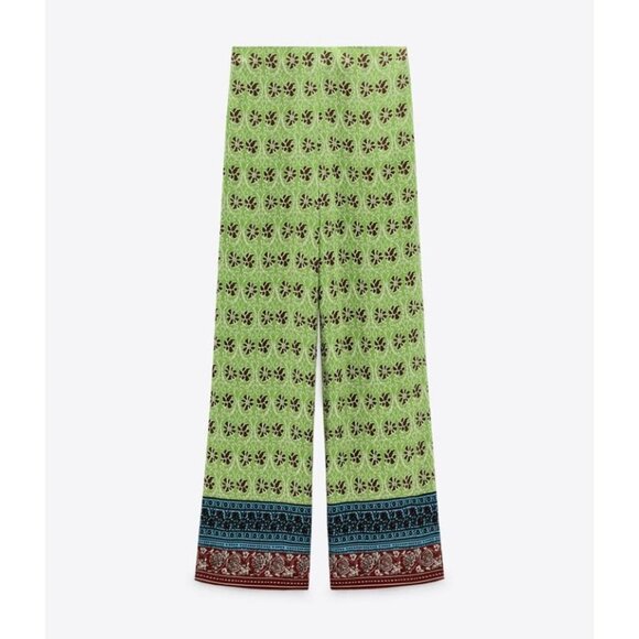 NWOT Zara green & multicolour abstract floral print high waist wide leg pants, S - Picture 6 of 14